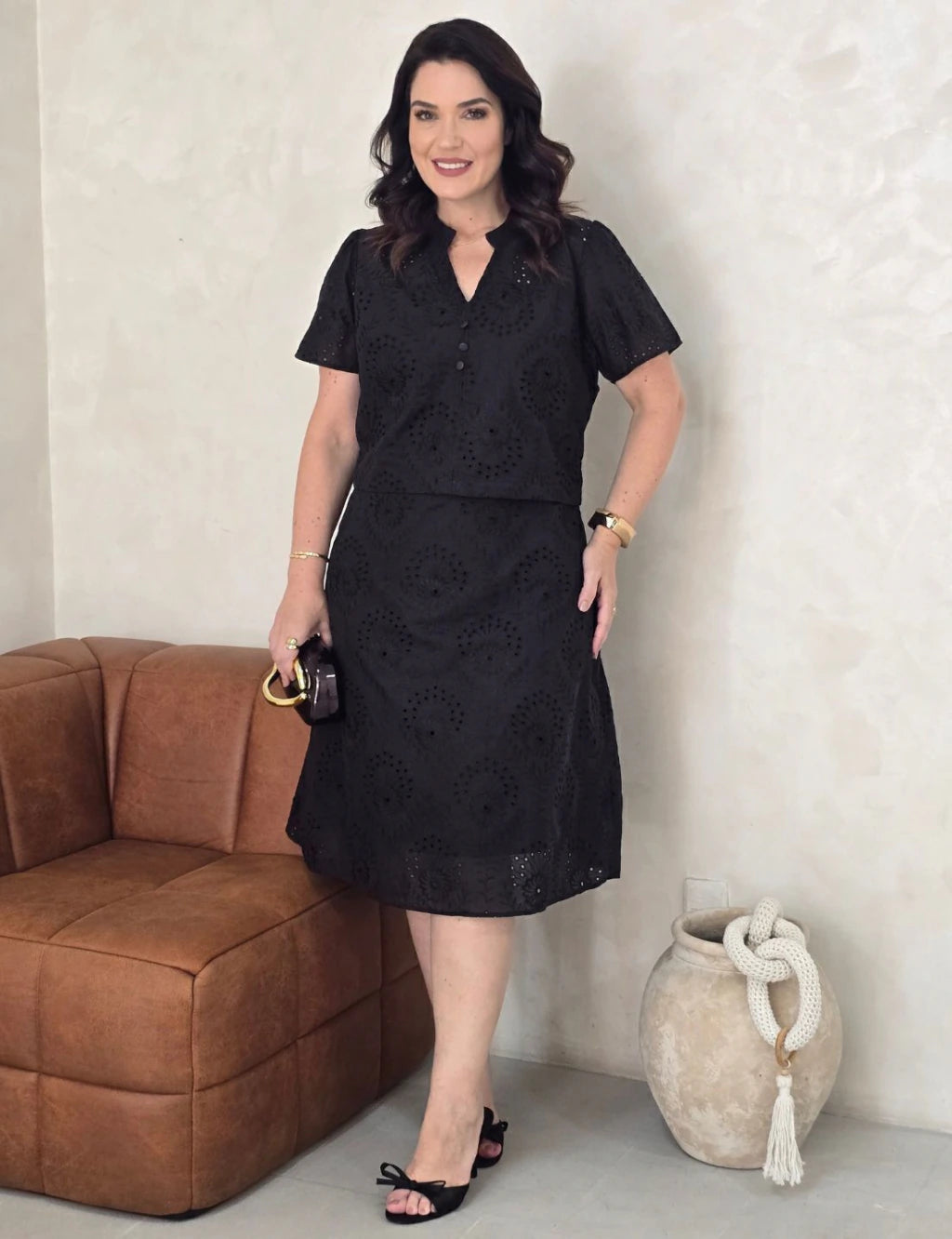Vestido Midi Lasie Algodão Com Botão Preto