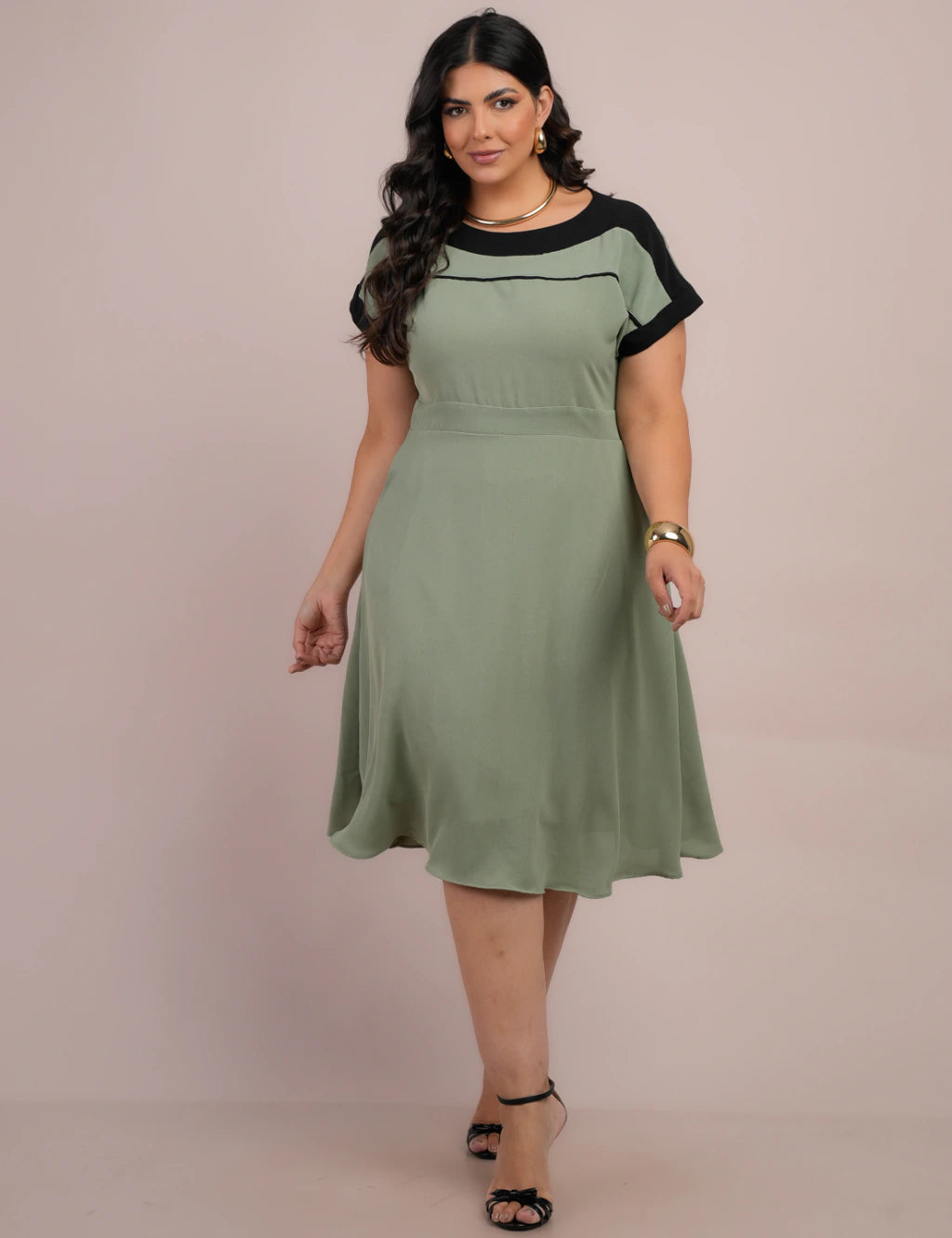 Vestido Curto Crepe liso Bicolor Verde