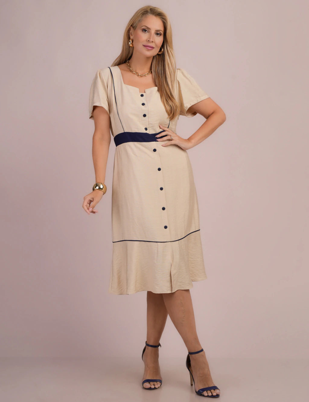 Vestido Midi Bicolor Bege