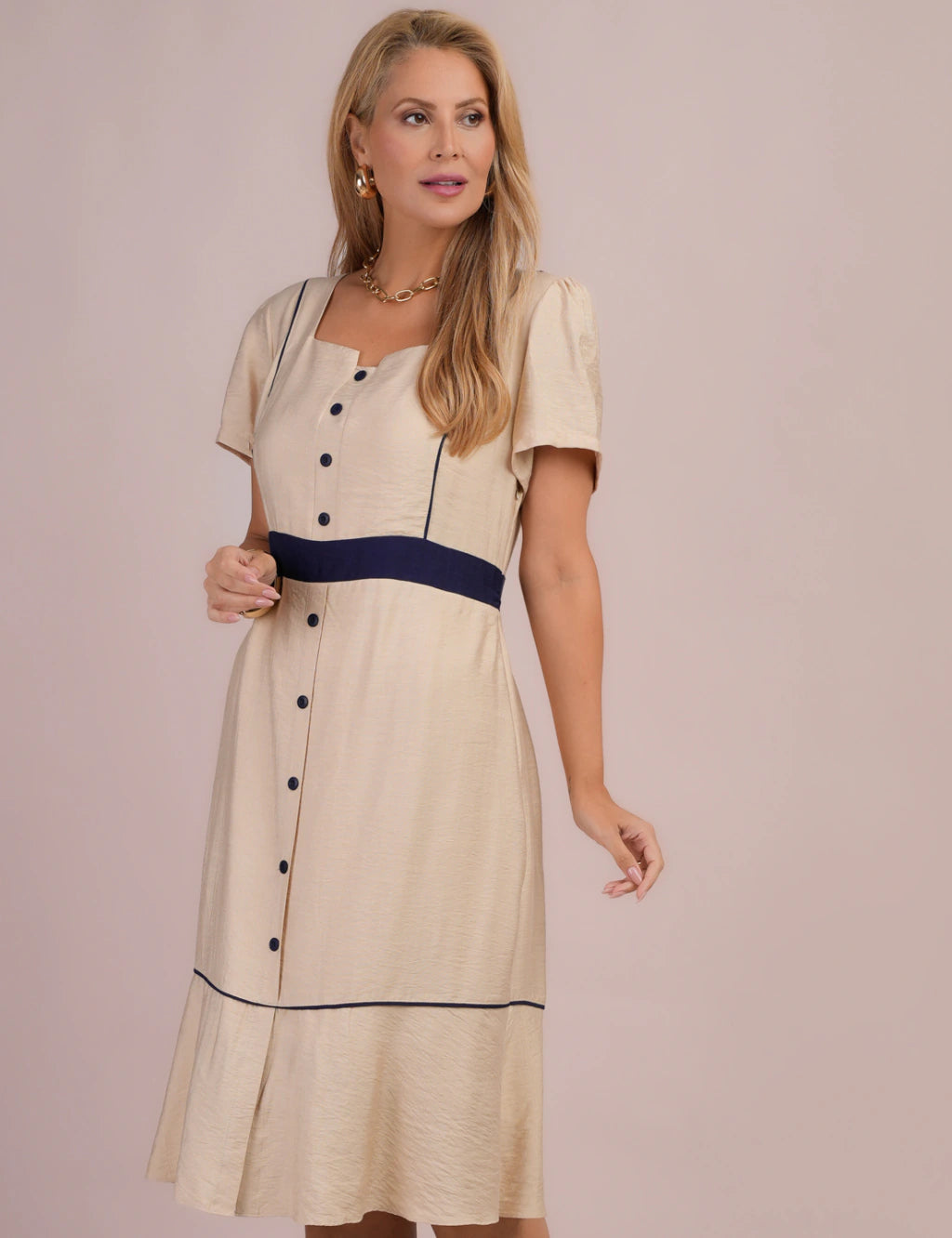 Vestido Midi Bicolor Bege
