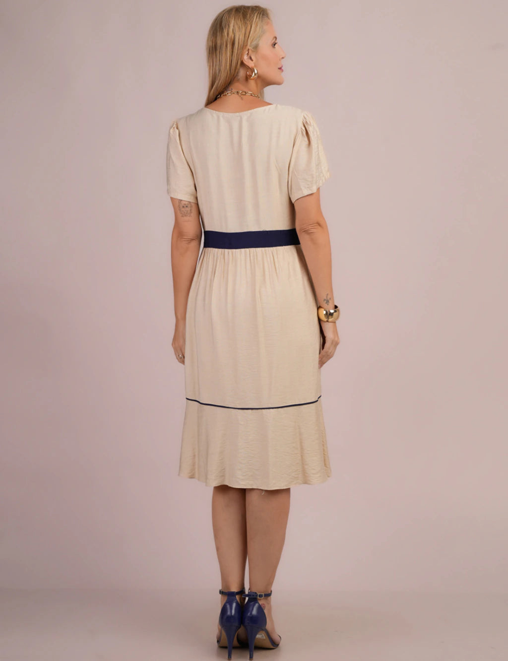 Vestido Midi Bicolor Bege