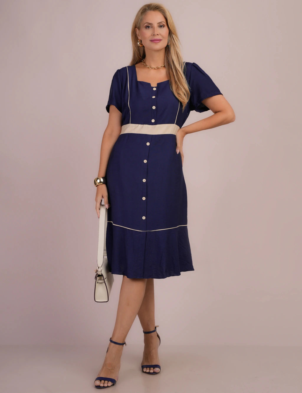 Vestido Midi Bicolor Marinho