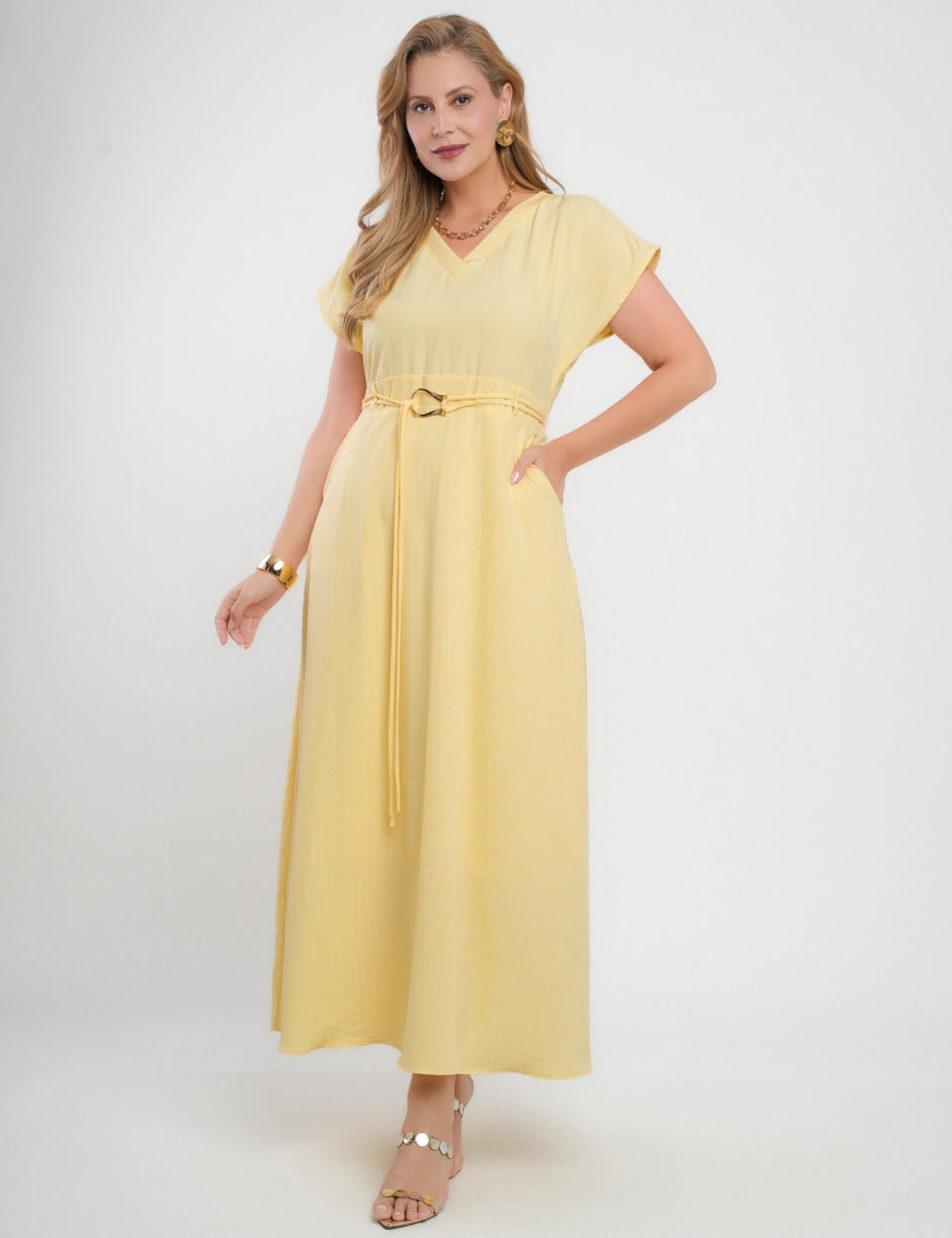 Vestido Longo Jaquard Com Fivela Amarelo