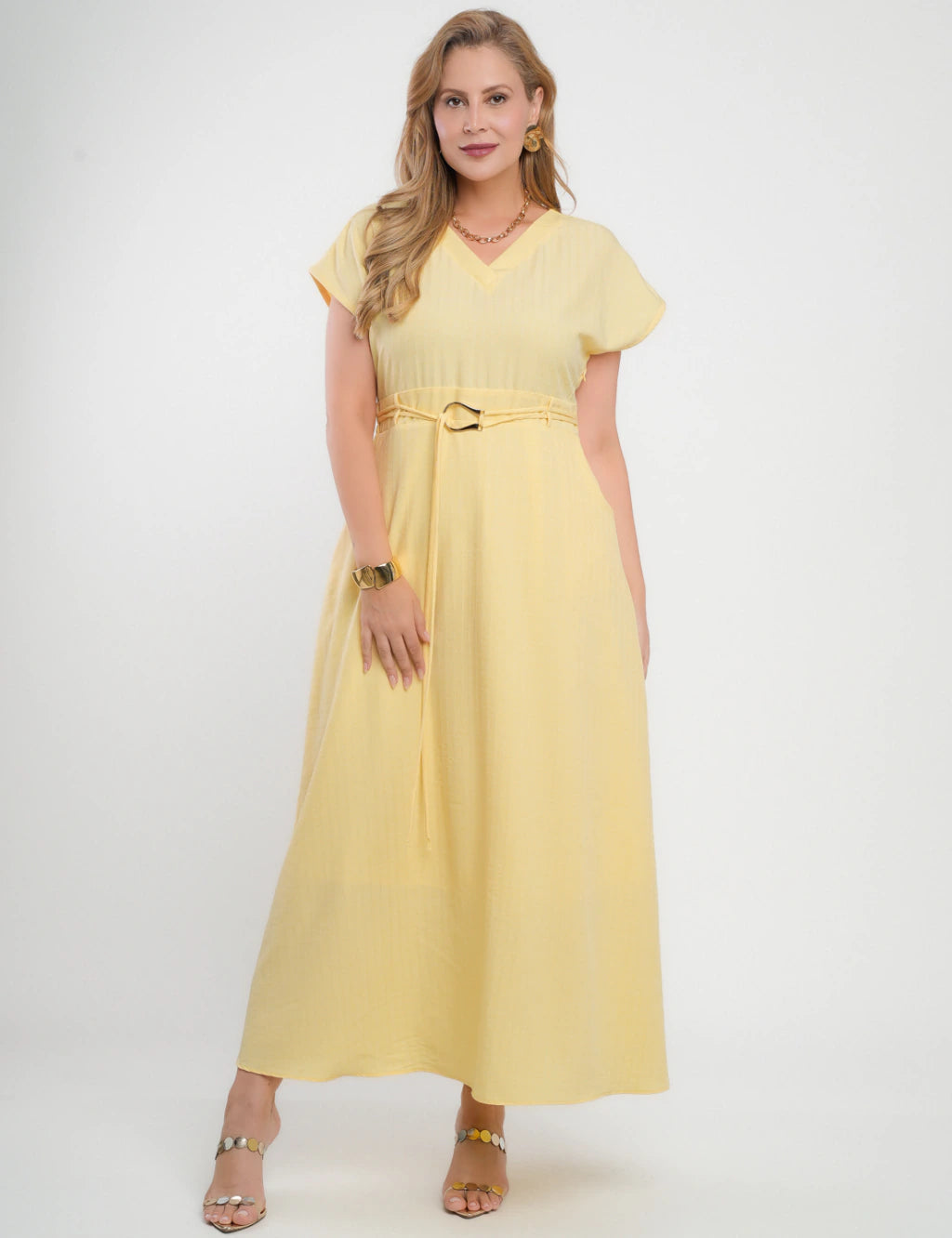 Vestido Longo Jaquard Com Fivela Amarelo