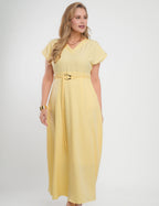 Vestido Longo Jaquard Com Fivela Amarelo