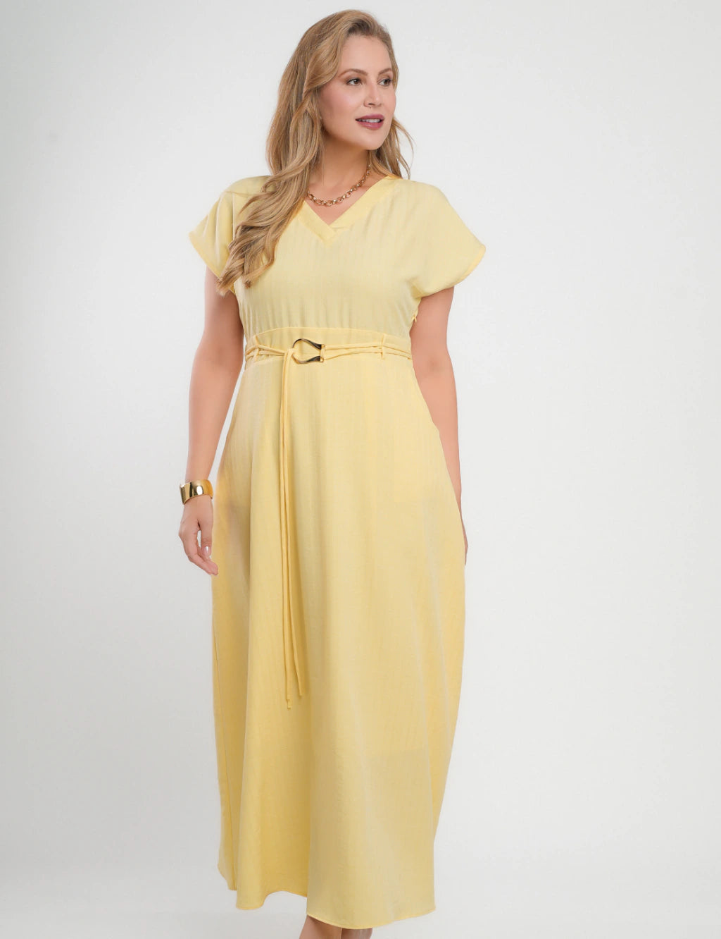 Vestido Longo Jaquard Com Fivela Amarelo