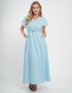Vestido Longo Jaquard Com Fivela Azul