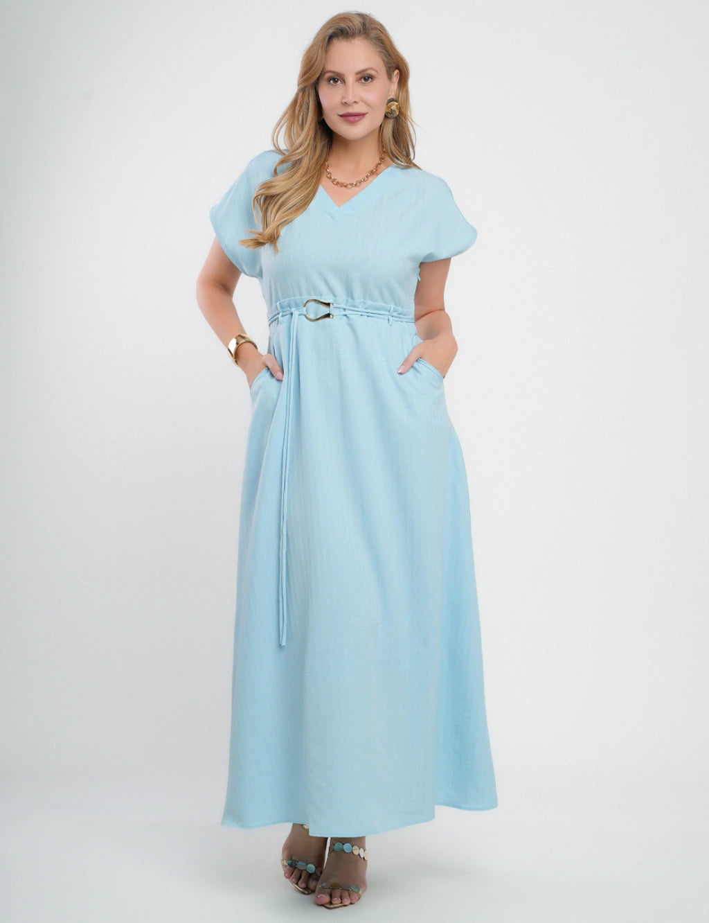 Vestido Longo Jaquard Com Fivela Azul