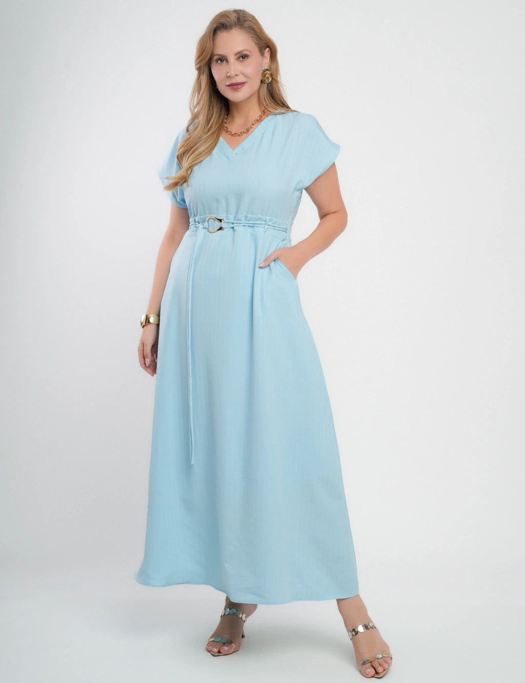 Vestido Longo Jaquard Com Fivela Azul