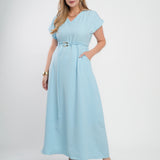 Vestido Longo Jaquard Com Fivela Azul