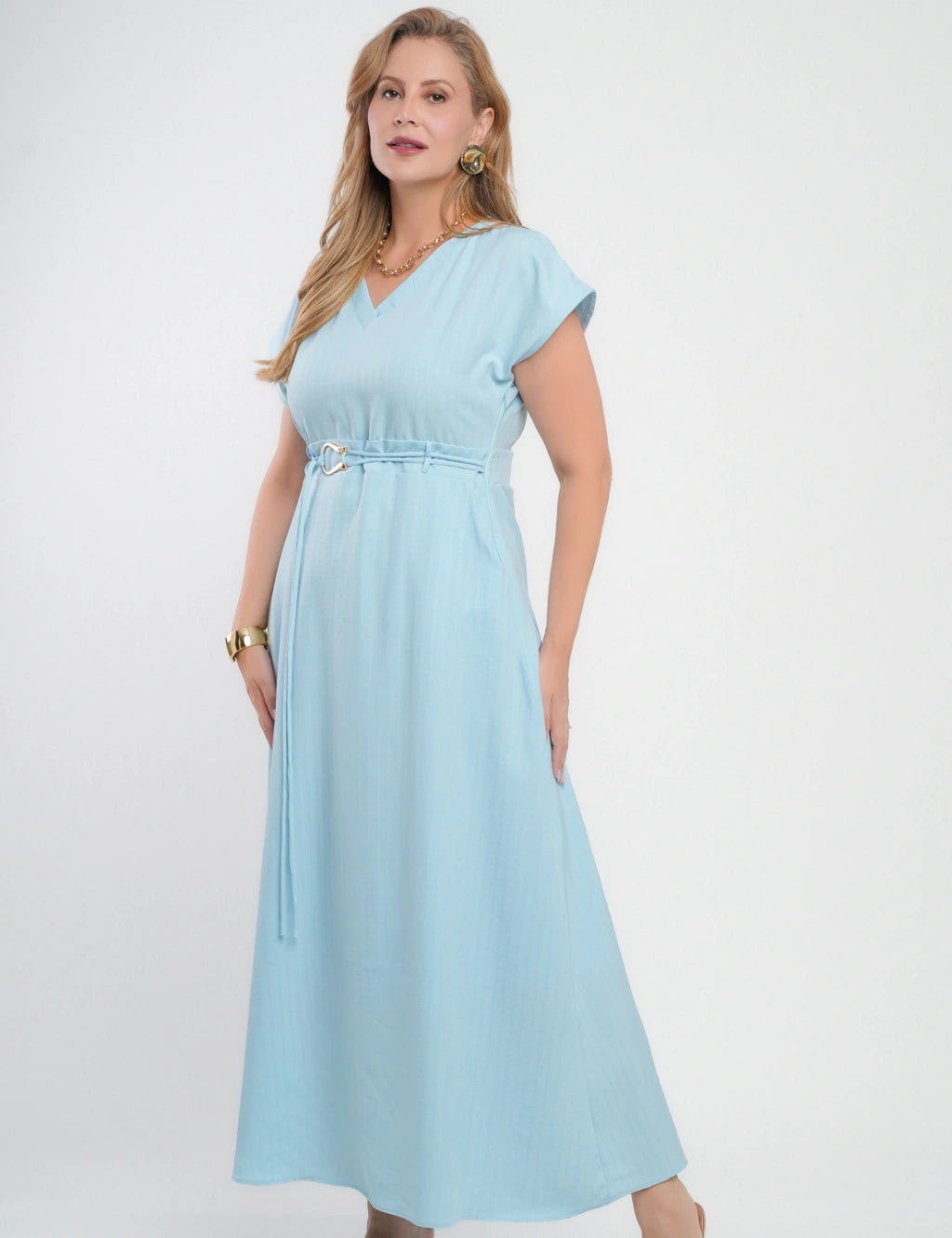 Vestido Longo Jaquard Com Fivela Azul