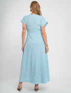Vestido Longo Jaquard Com Fivela Azul