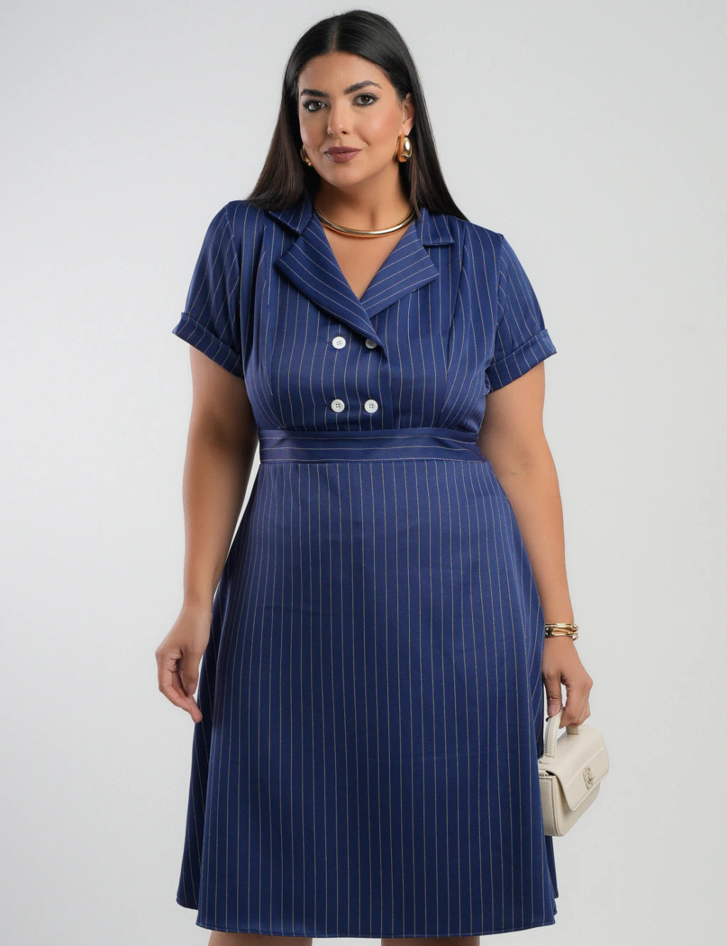 Vestido Curto Alfaiataria Risca De Giz Marinho