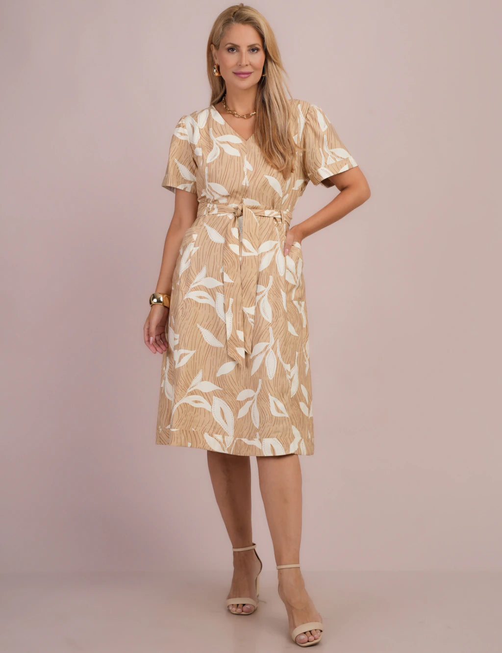 Vestido Midi Alfaiataria Estampado Bege