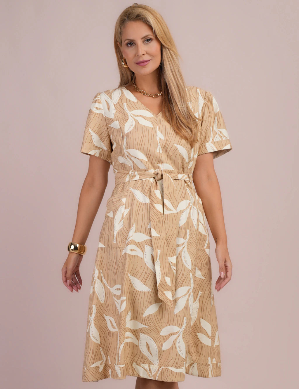 Vestido Midi Alfaiataria Estampado Bege