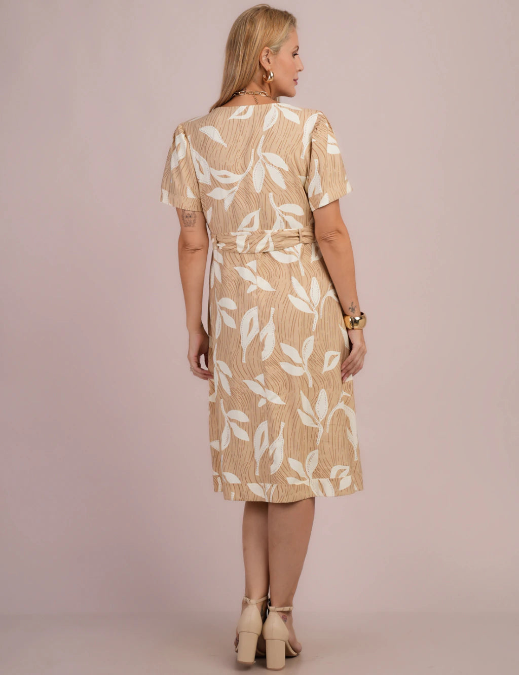 Vestido Midi Alfaiataria Estampado Bege
