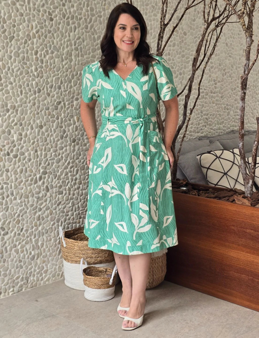 Vestido Midi Alfaiataria Estampado Verde