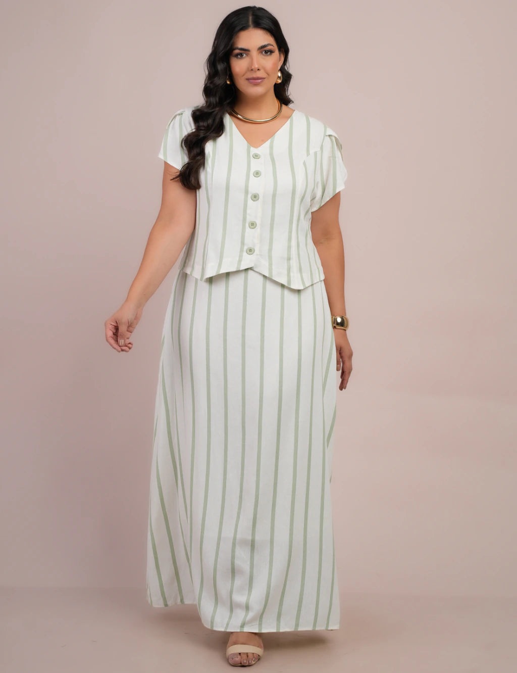 Vestido Longo Linho Listrado Com Botão Verde
