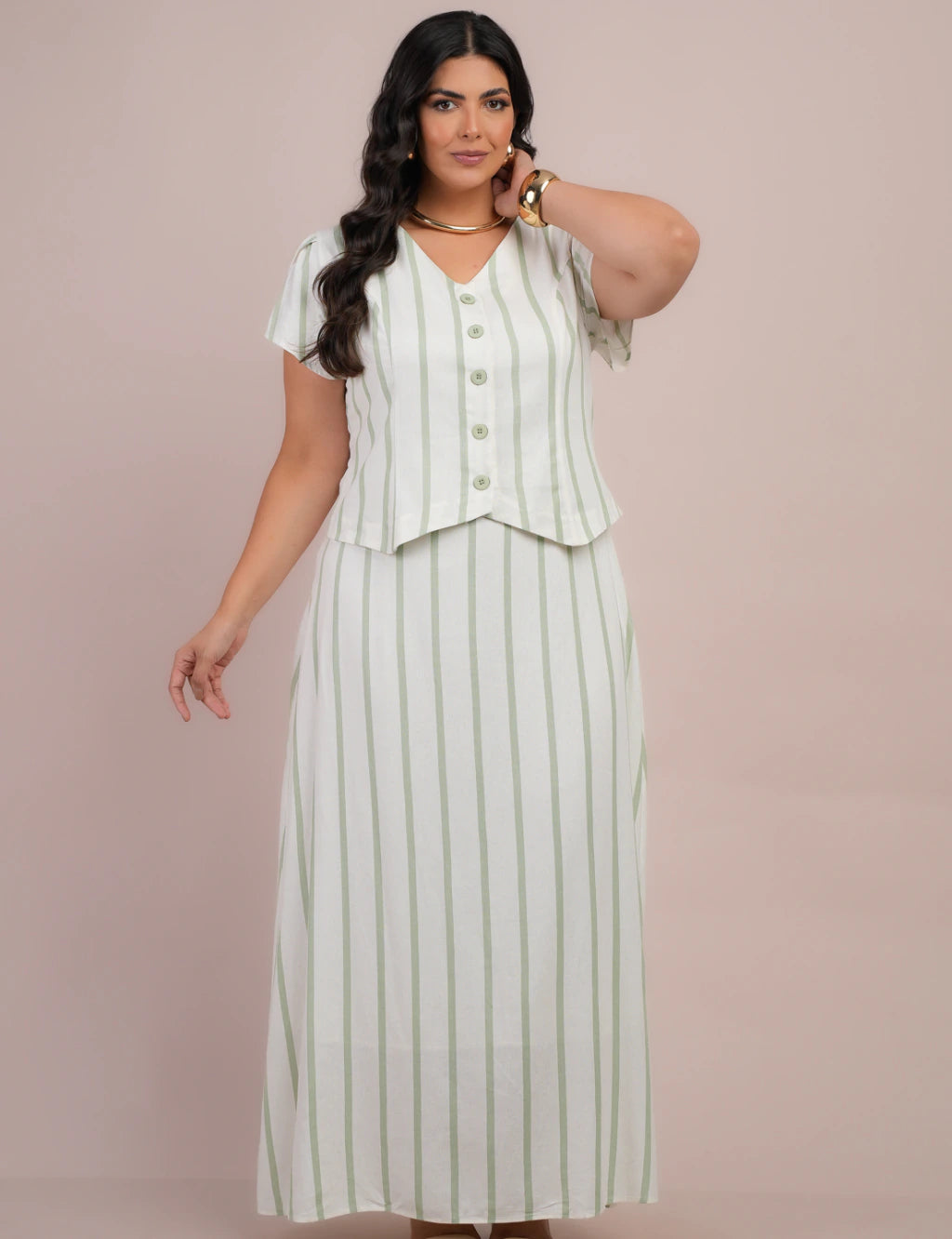 Vestido Longo Linho Listrado Com Botão Verde
