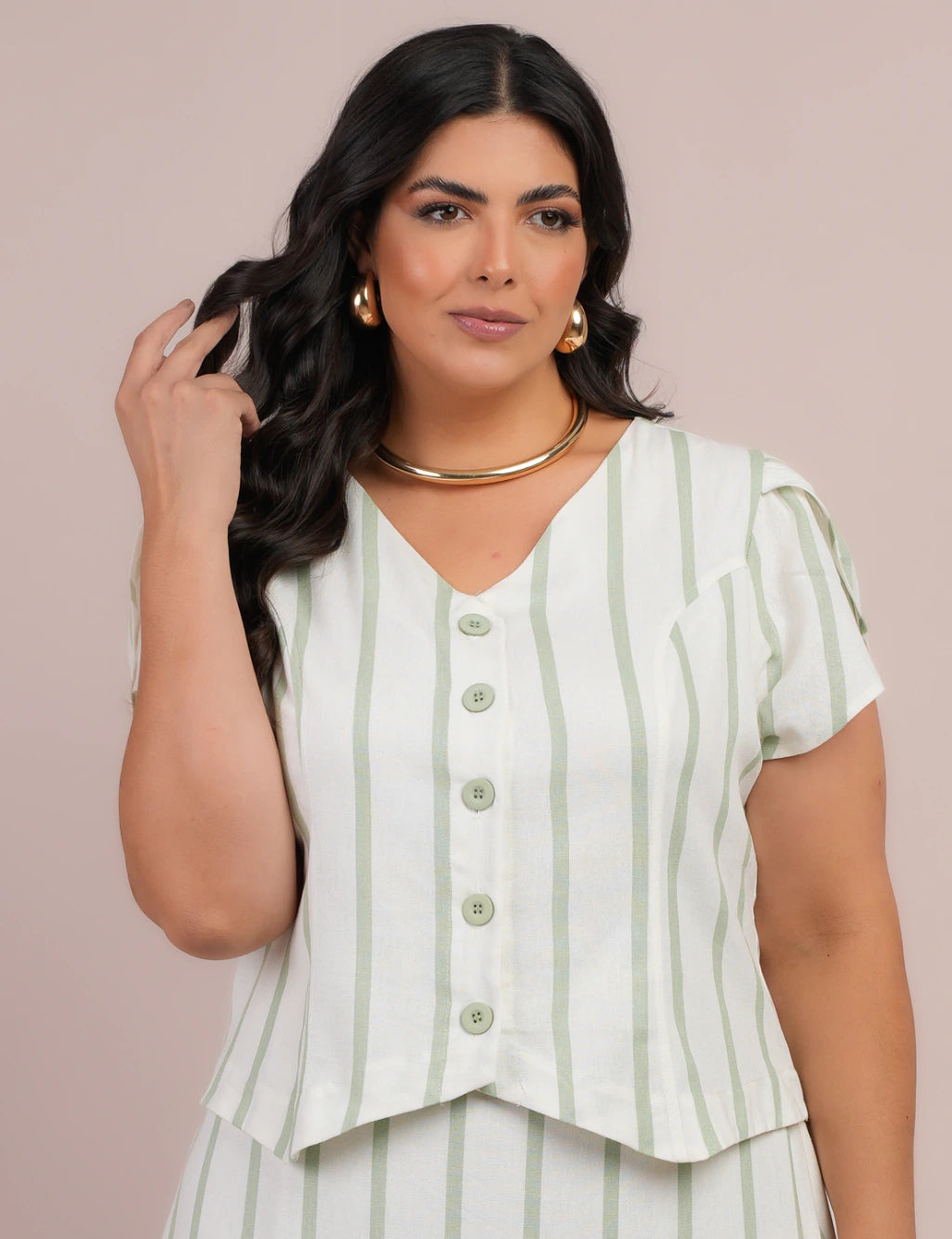 Vestido Longo Linho Listrado Com Botão Verde