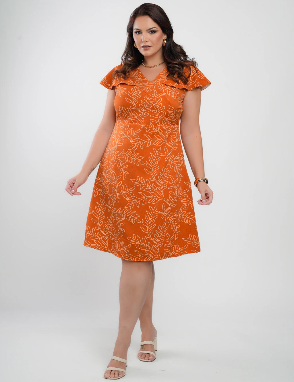 Vestido Curto Alfaiataria Estampado Laranja