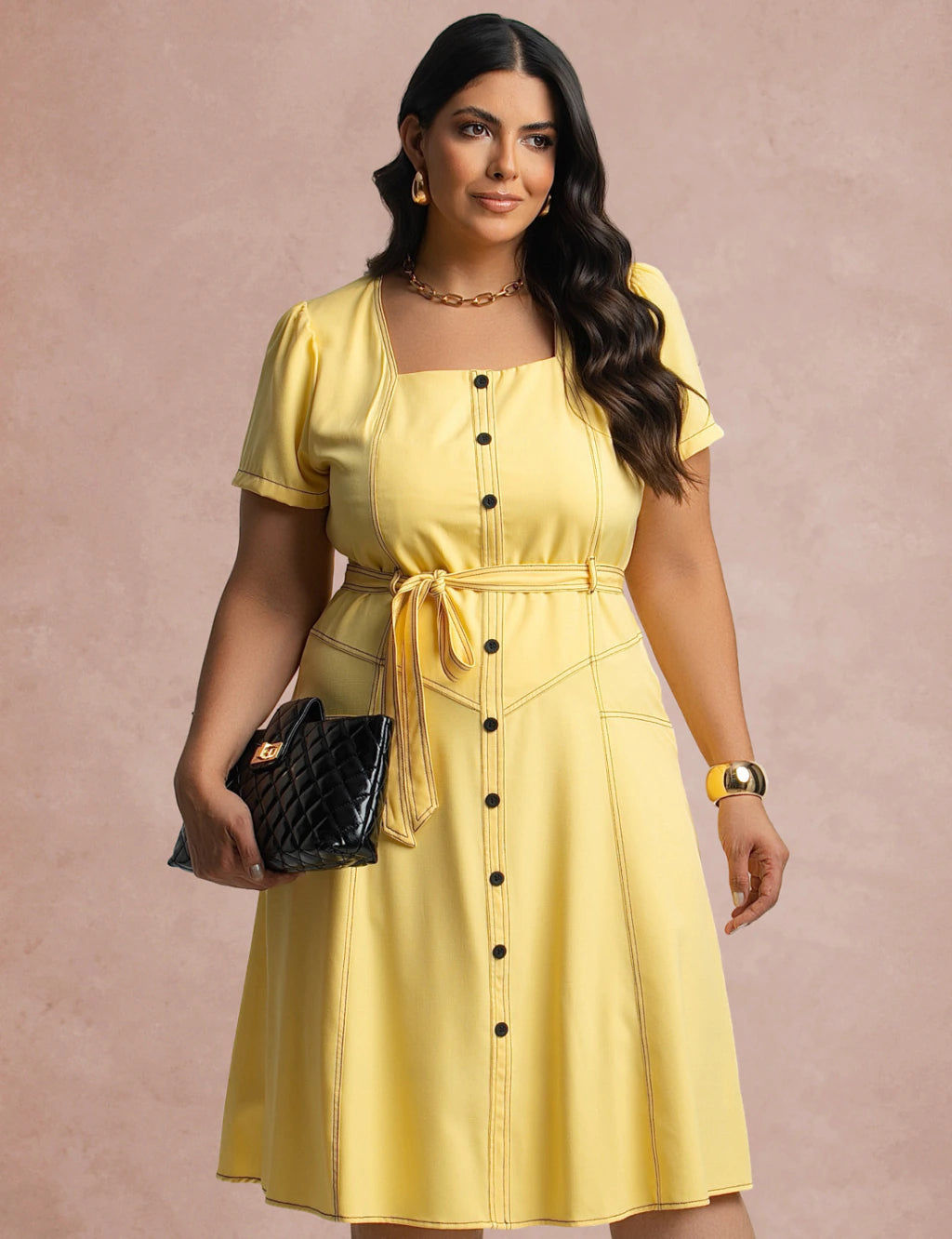Vestido Curto Frente Pesponto Amarelo