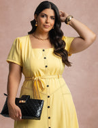 Vestido Curto Frente Pesponto Amarelo