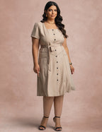 Vestido Curto Frente Pesponto Bege