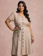 Vestido Curto Frente Pesponto Bege