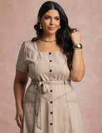 Vestido Curto Frente Pesponto Bege