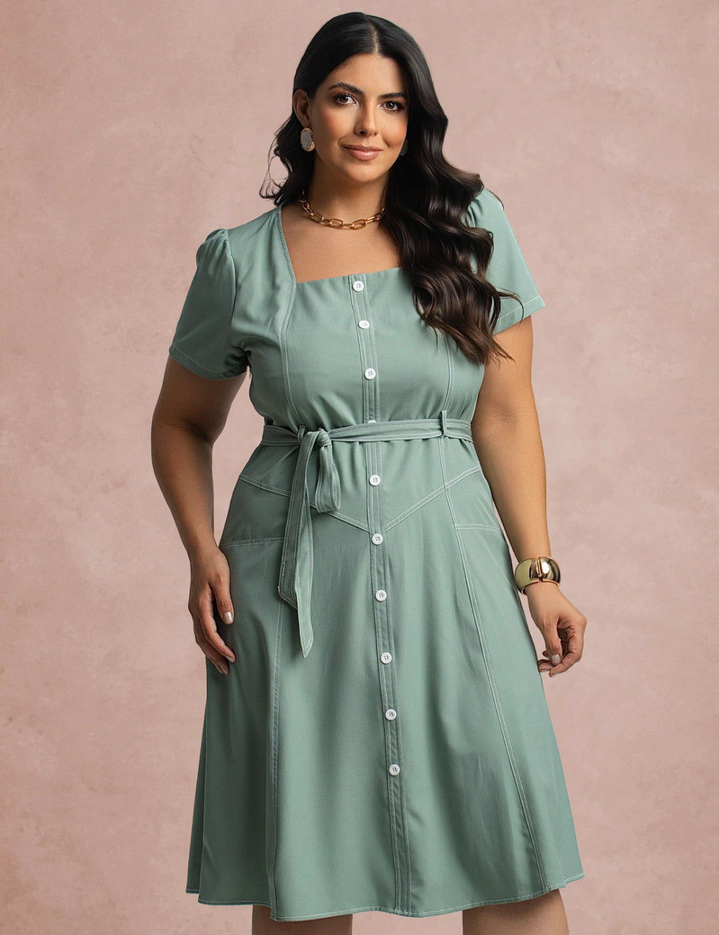 Vestido Curto Frente Pesponto Verde