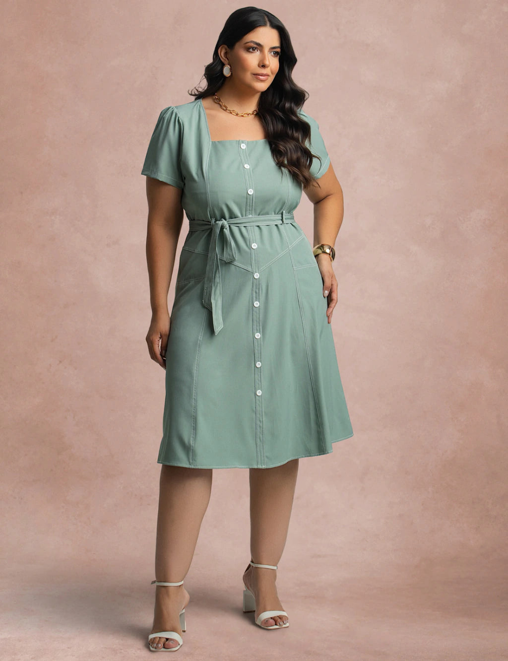 Vestido Curto Frente Pesponto Verde