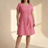 Vestido Curto Frente Pesponto Rosa