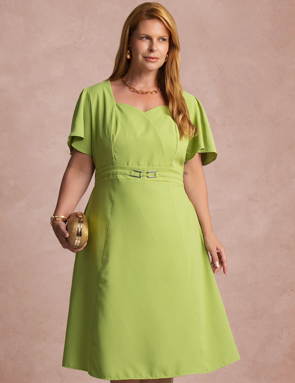 Vestido Midi Cintura Com Fivela Verde