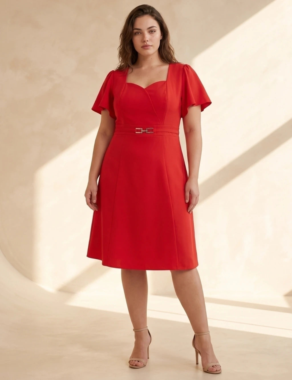 Vestido Midi Cintura Com Fivela Vermelho