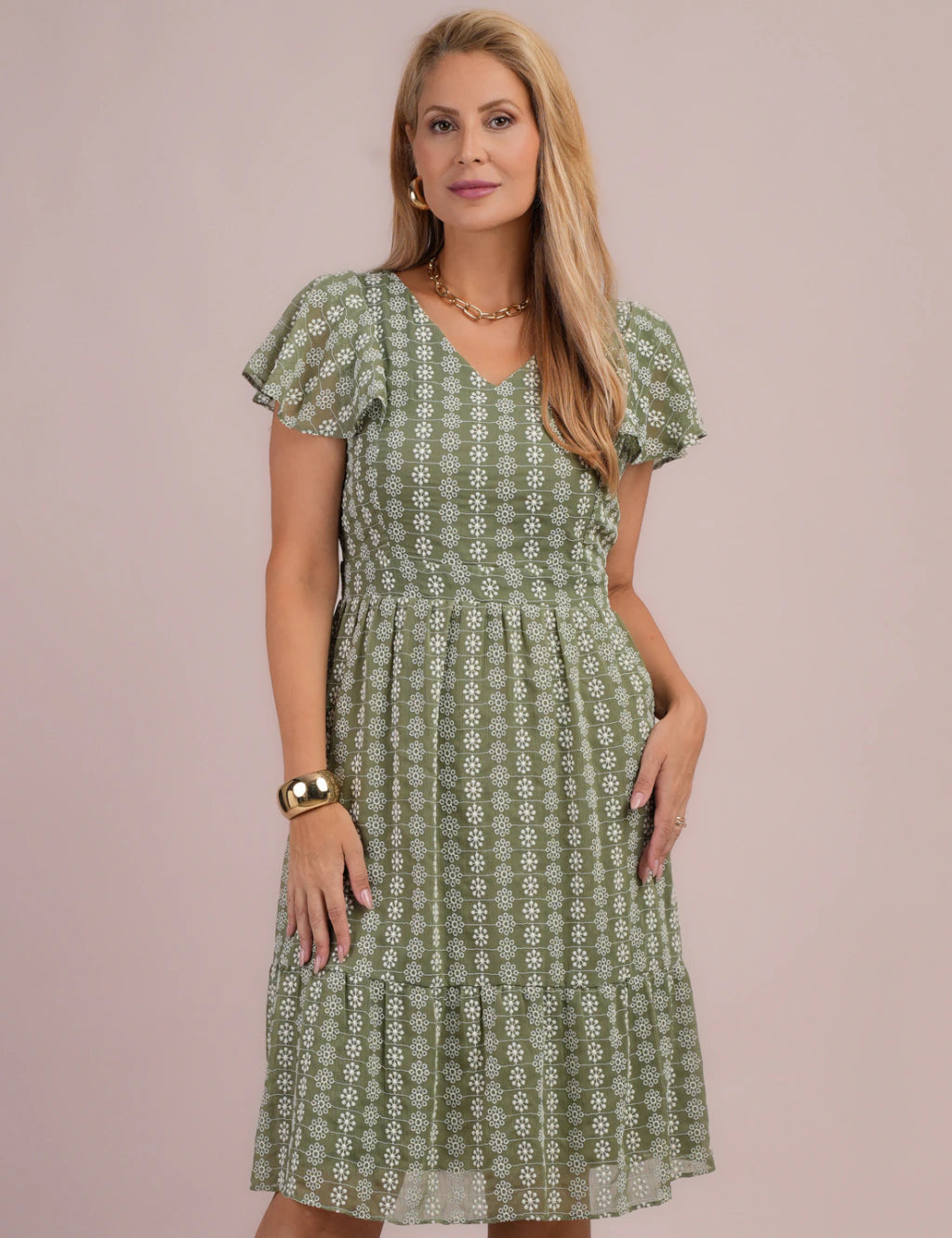 Vestido Midi Com Bordado Musgo