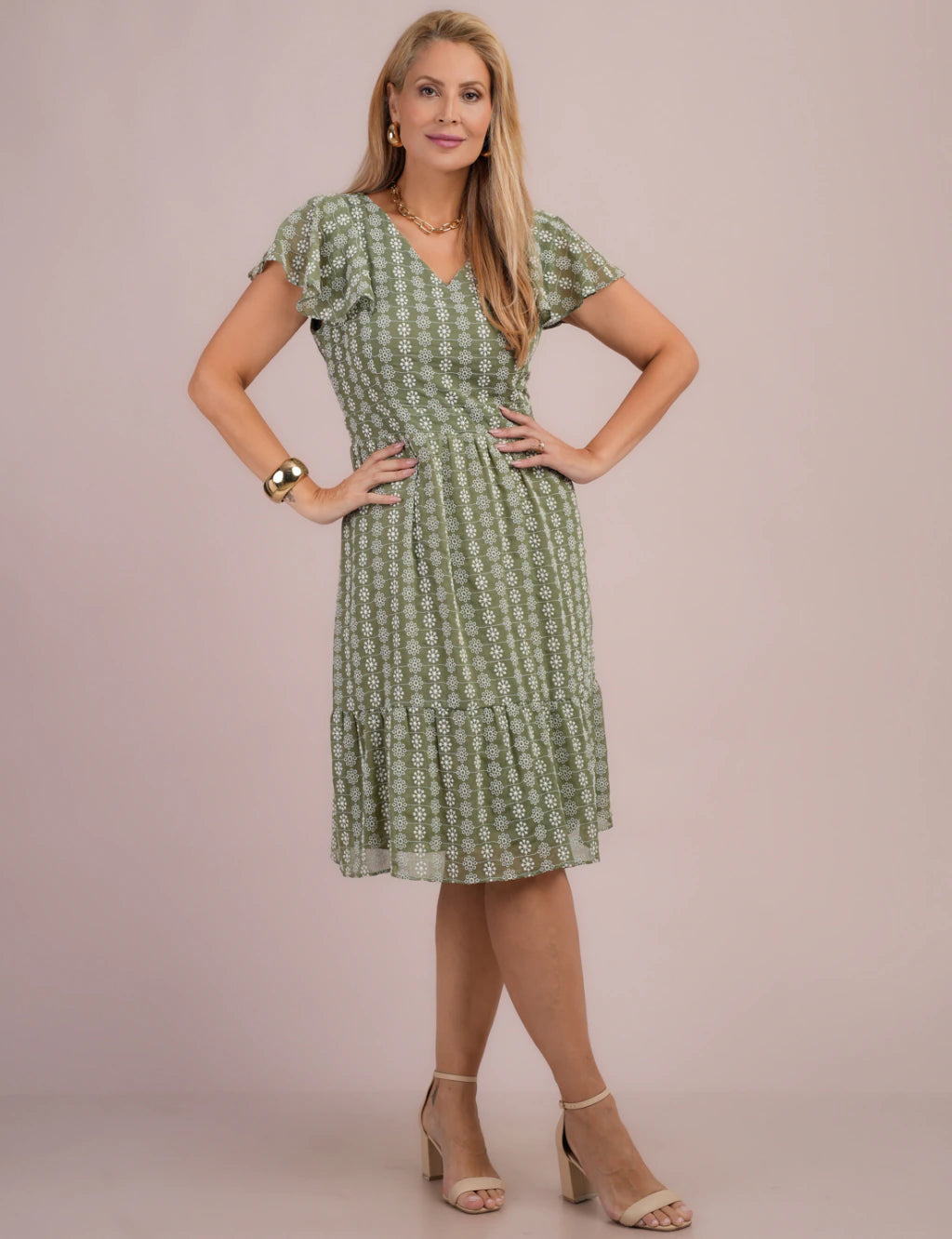 Vestido Midi Com Bordado Musgo