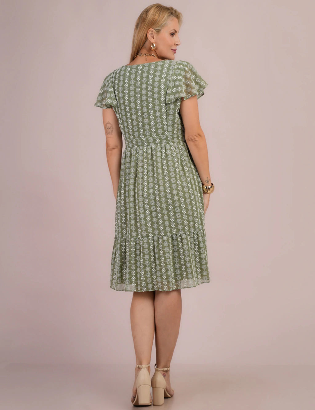 Vestido Midi Com Bordado Musgo