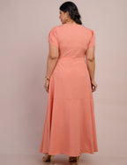 Vestido Longo Jaquard Com Cinto Salmão