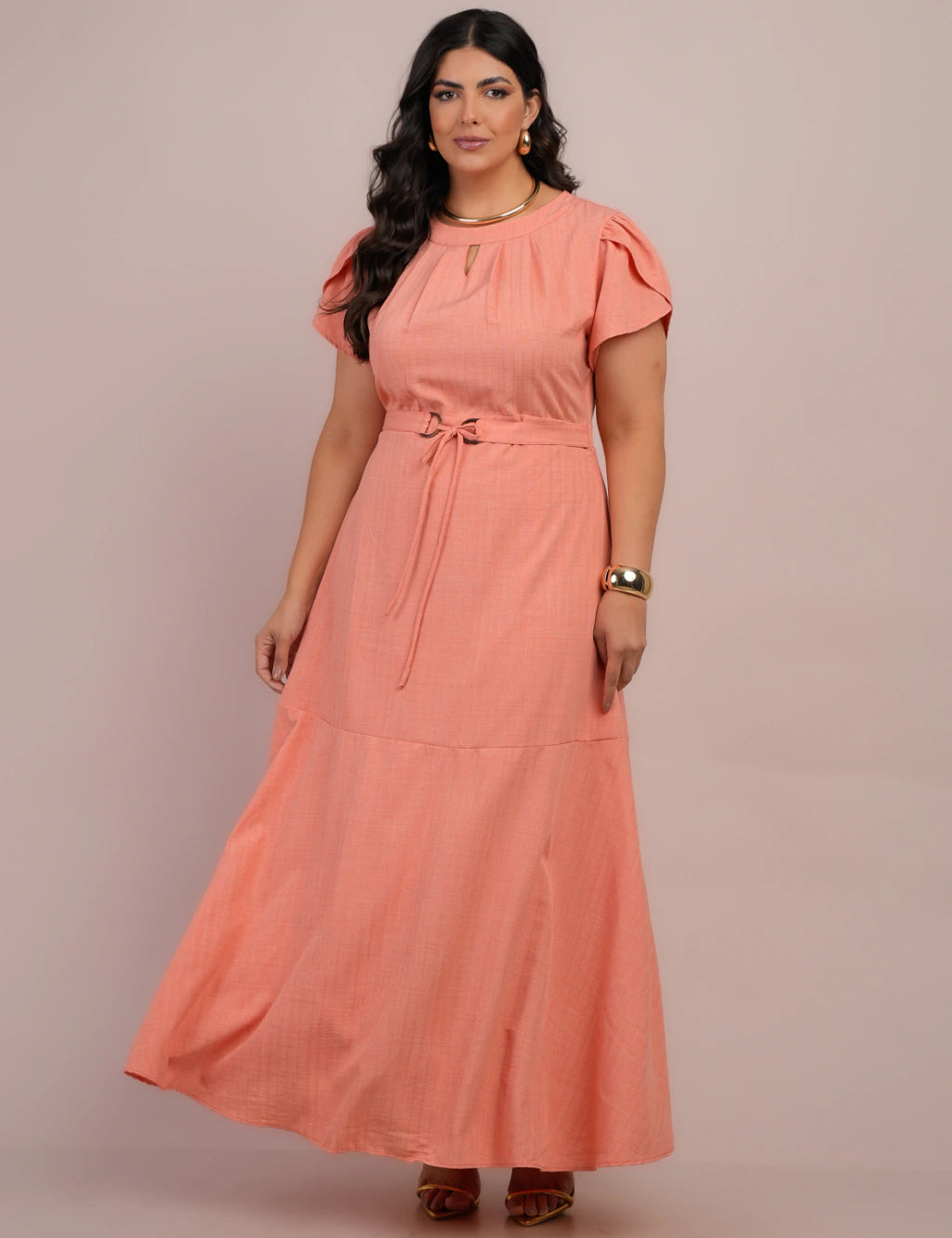 Vestido Longo Jaquard Com Cinto Salmão