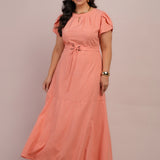 Vestido Longo Jaquard Com Cinto Salmão