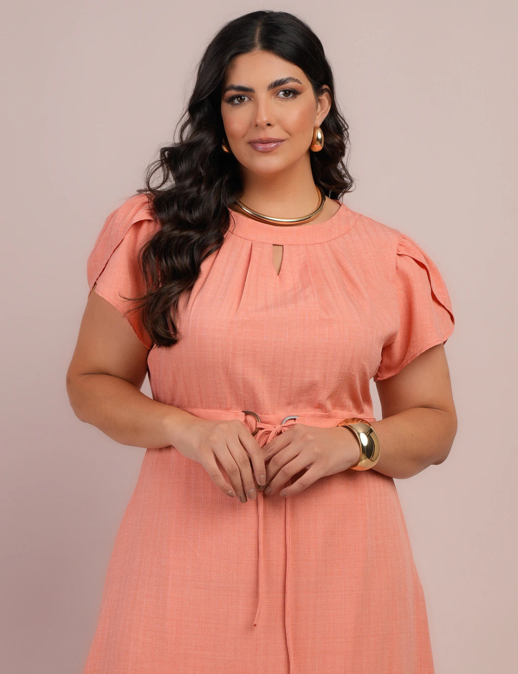 Vestido Longo Jaquard Com Cinto Salmão