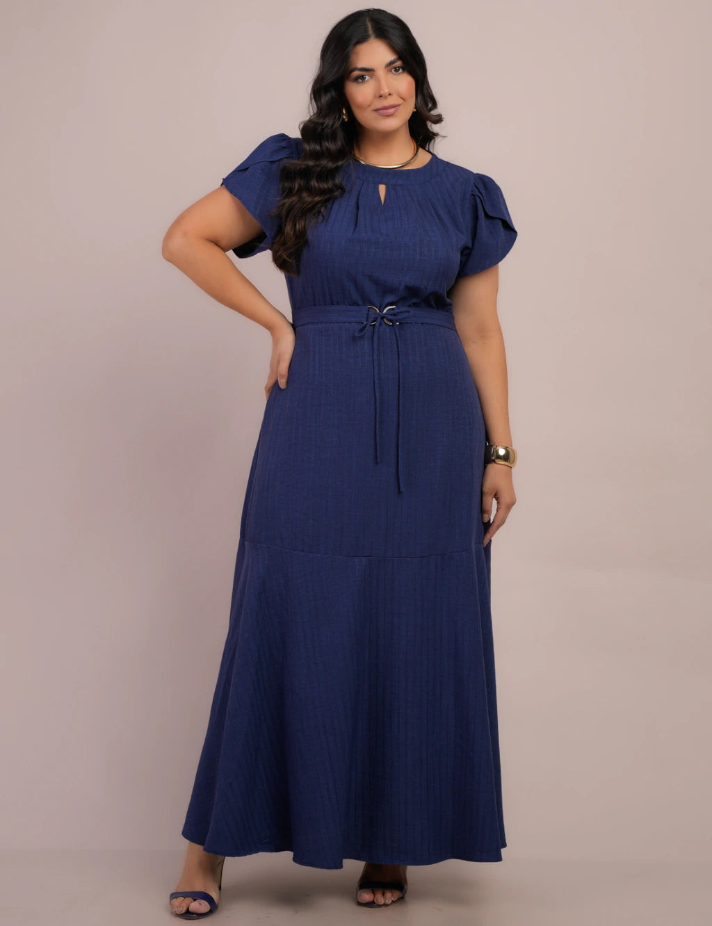 Vestido Longo Linho de Poliéster Com Cinto Marinho
