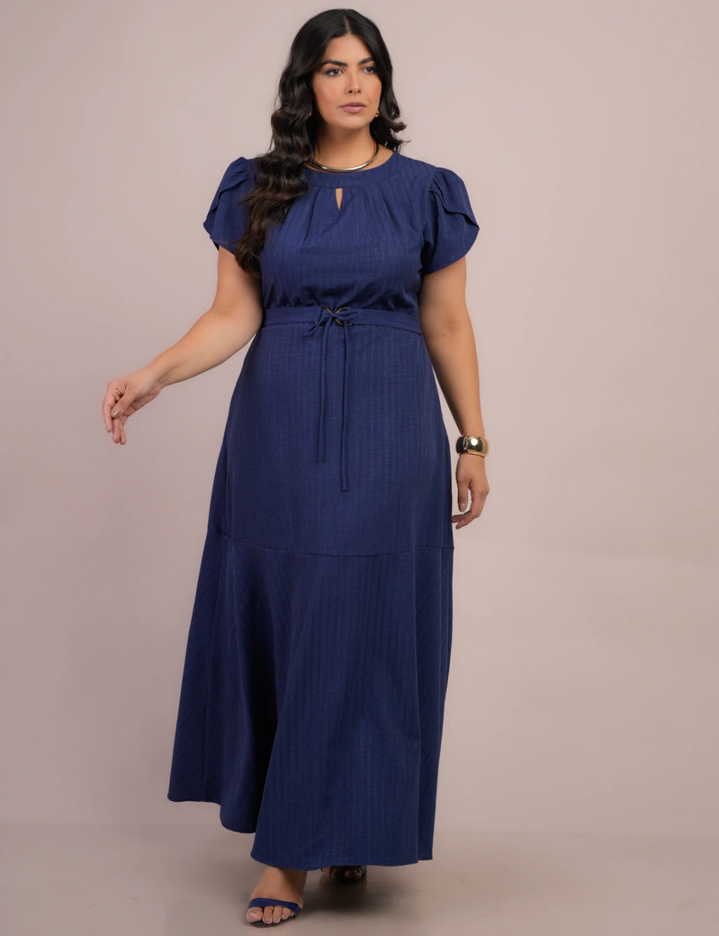 Vestido Longo Linho de Poliéster Com Cinto Marinho