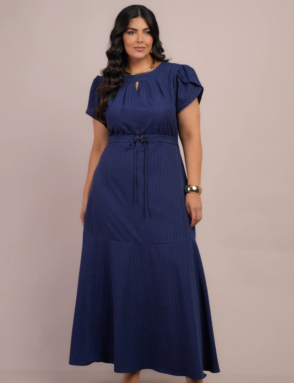 Vestido Longo Linho de Poliéster Com Cinto Marinho