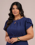 Vestido Longo Linho de Poliéster Com Cinto Marinho