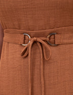 Vestido Longo Linho de Poliéster Com Cinto Marrom Claro