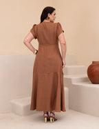 Vestido Longo Linho de Poliéster Com Cinto Marrom Claro