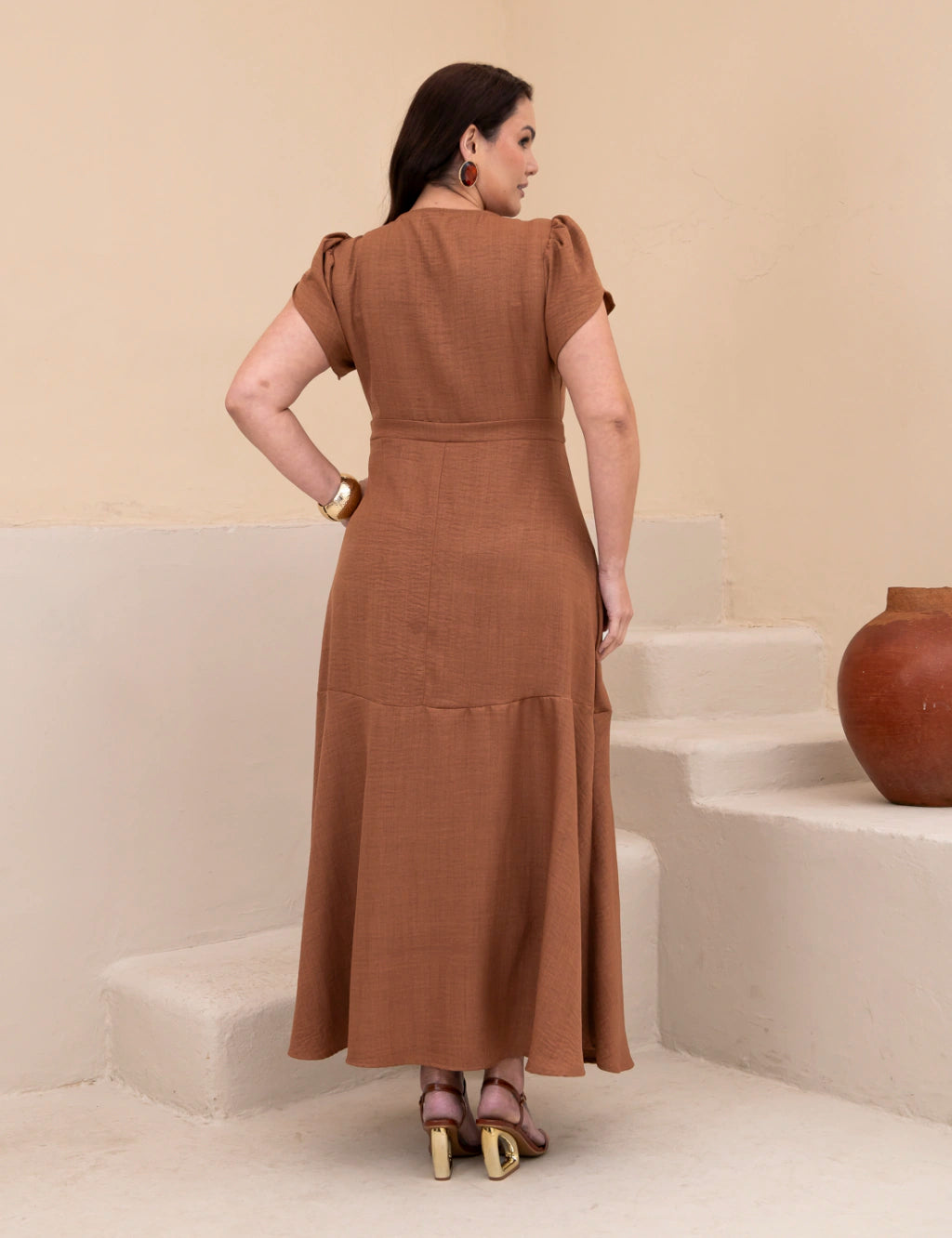 Vestido Longo Linho de Poliéster Com Cinto Marrom Claro