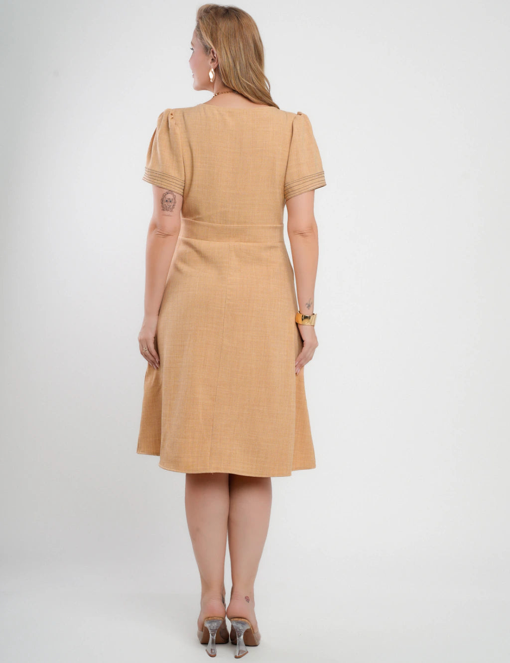 Vestido Midi Alfaiataria Com Pesponto Bege